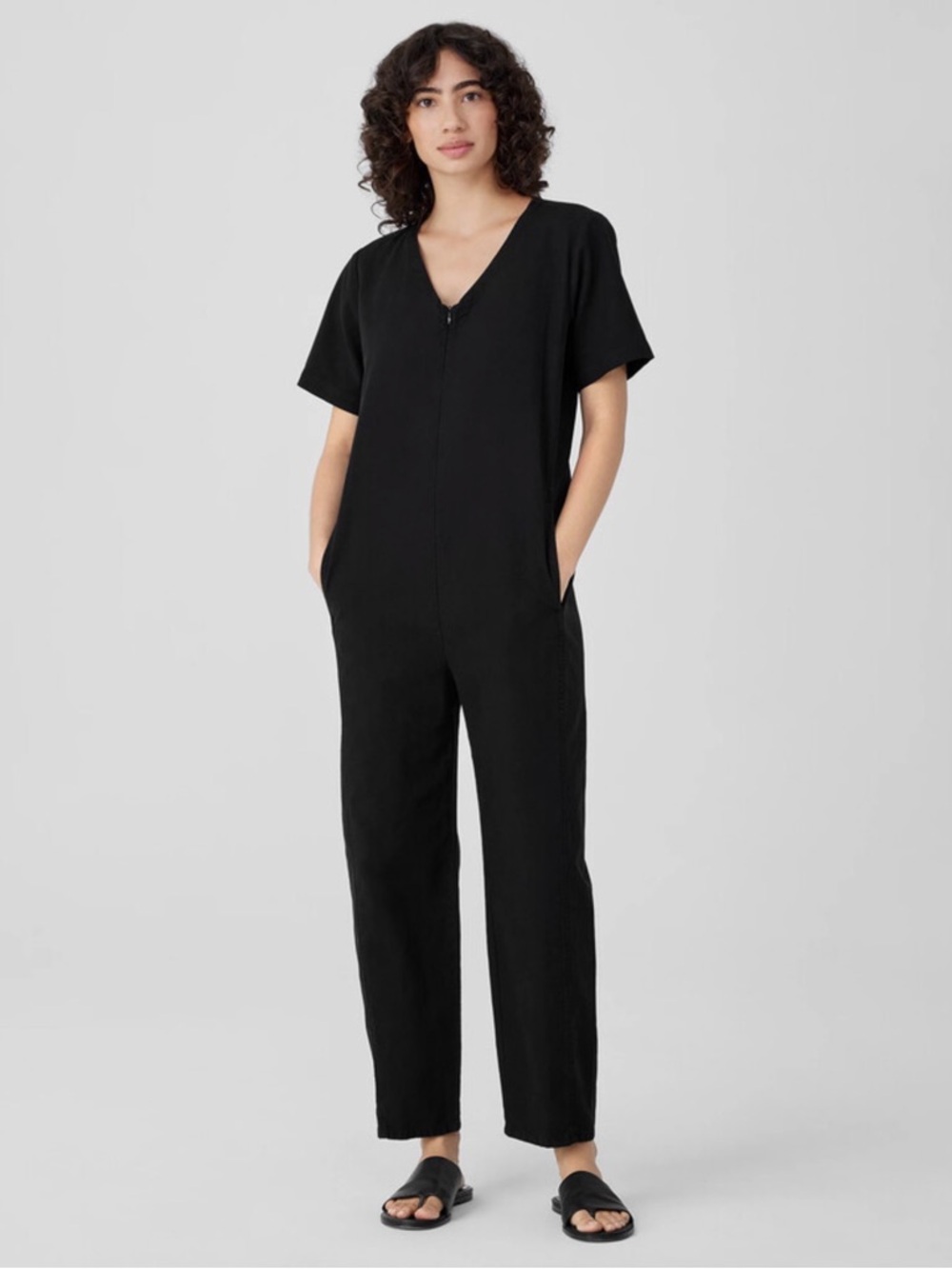 NEW Eileen Fisher Cotton Hemp XXS Lantern Black Jumpsuit Ankle Length Oversized